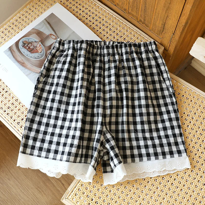 Short de Pyjama en Gaze de Coton et Dentelle
