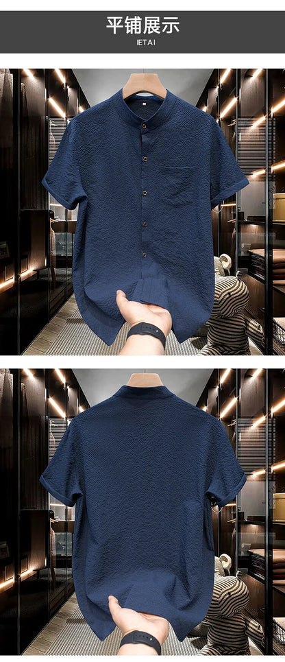 Détail du boutonnage et du col mao d'une chemise en coton léger vue de face et de dos