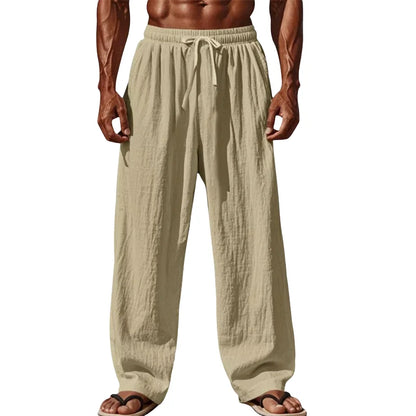 Pantalon en coton et lin homme couleur sable coupe droite avec cordon de serrage