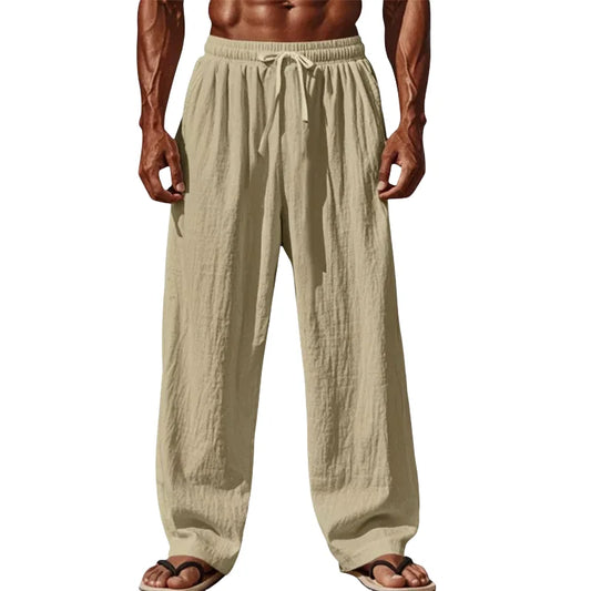 Pantalon en coton et lin homme couleur sable coupe droite avec cordon de serrage