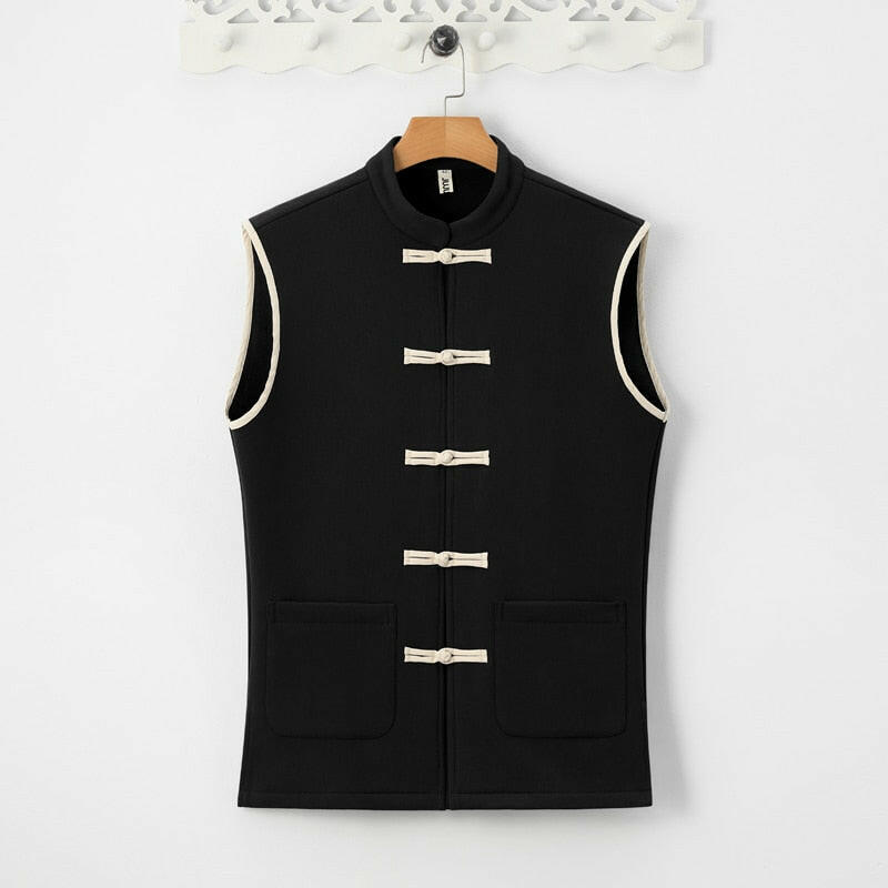 "Mǎjiǎ" Gilet Traditionnel Tang Brodé en Lin et Coton