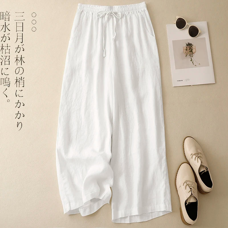 "Hikari" Pantalon large femme en coton et lin | Taille haute fluide, simple et élégant