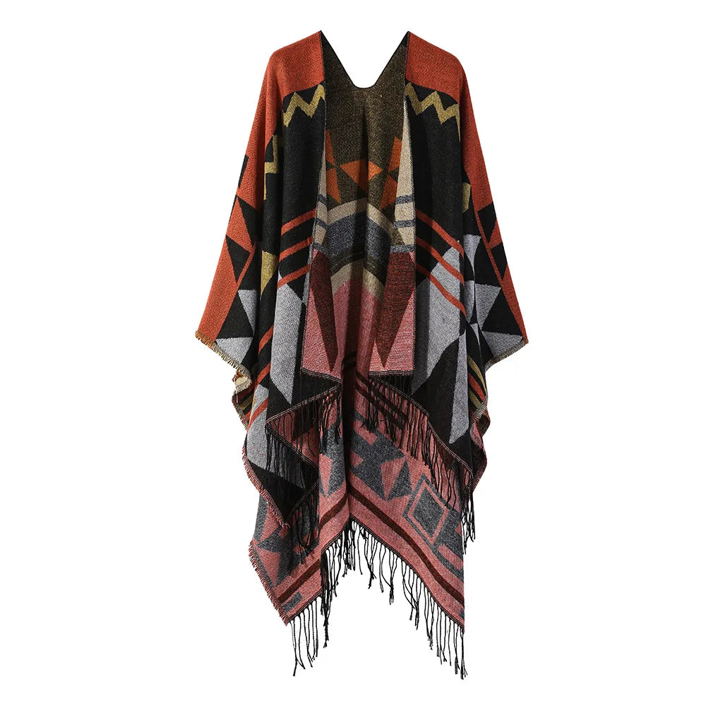 Poncho Oversize Géométrique en Laine Mélangée avec Franges