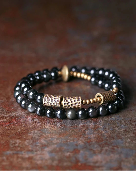 Bracelet Double Rang Obsidienne et Laiton Martelé – Unisexe, du 15 au 22 cm