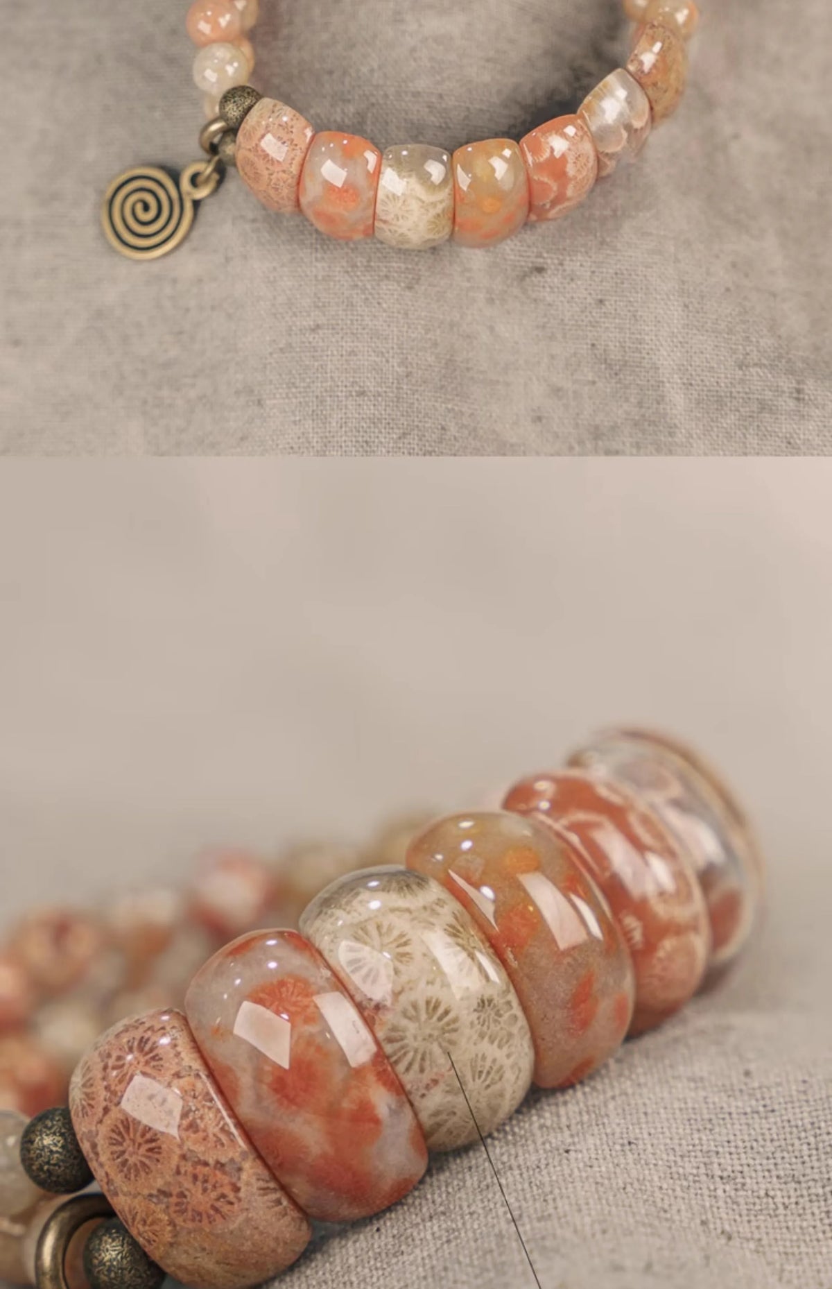 Bracelet Double Rang Pierre Corail et Laiton – Bijou Oriental de Prospérité