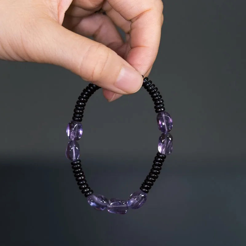 Bracelet Éclats d'Améthyste et Bois de Santal Noir – Minimaliste Fait Main