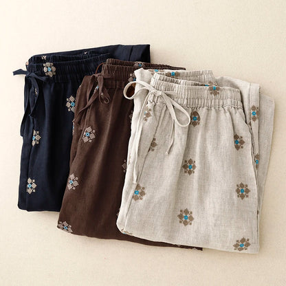 "Hanami" Pantalon femme en coton et lin imprimé | Taille haute, cordon ajustable, style décontracté été