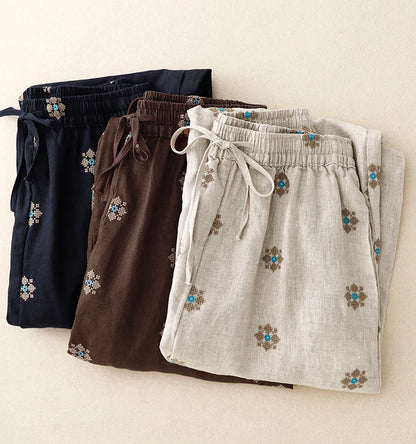 "Hanami" Pantalon femme en coton et lin imprimé | Taille haute, cordon ajustable, style décontracté été