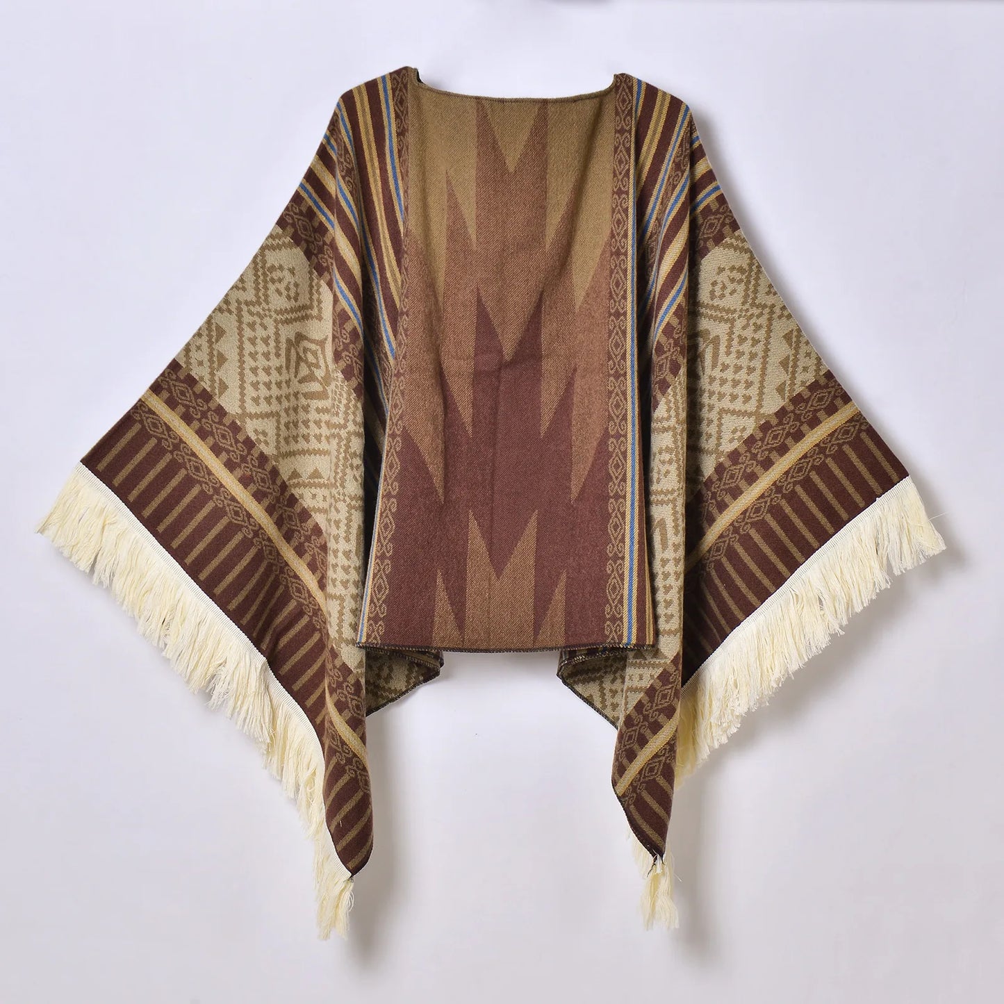 Poncho Ethnique à Franges - Style Bohème & Jacquard