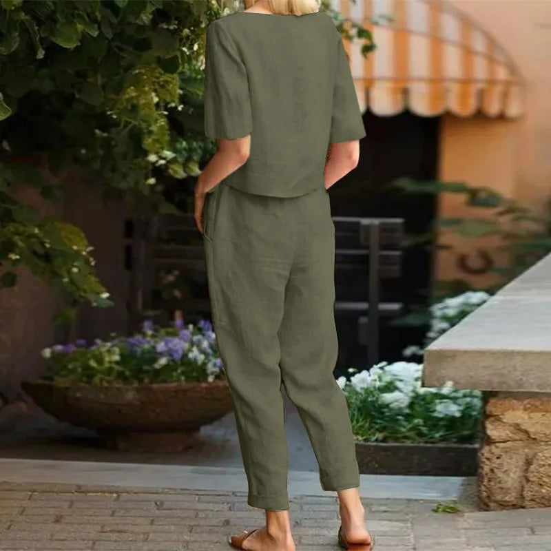 "Satori" Ensemble femme en coton et lin | Tenue deux pièces, haut manches courtes et pantalon taille haute