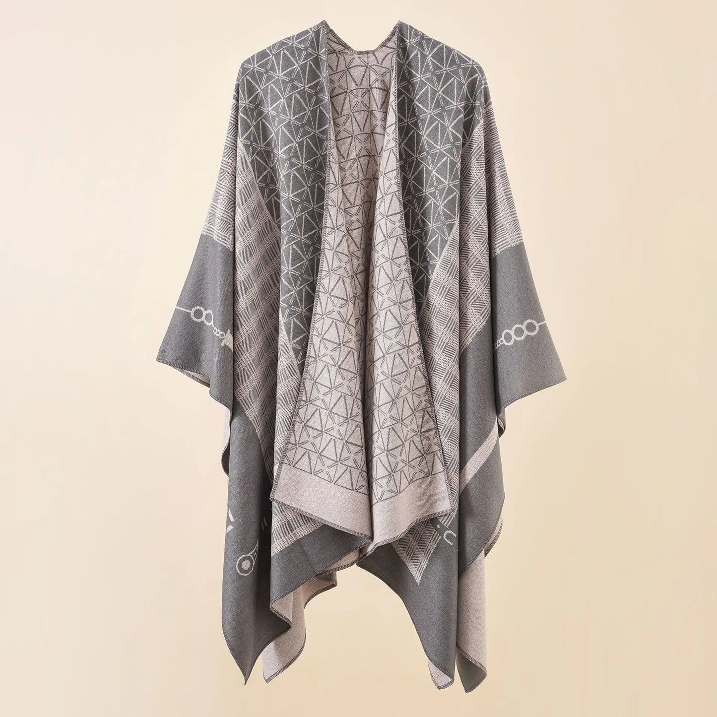 Poncho Éthnique en Laine avec Motifs Géométriques