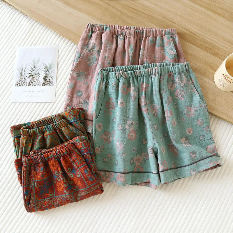 Assortiment de shorts de pyjama japonais en coton aux coloris rose, vert sauge et bleu ciel