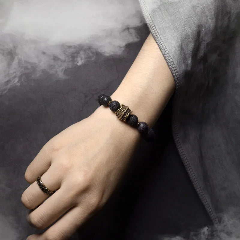 Bracelet Homme Pierre de Lave Volcanique et Laiton Vintage – Diffuseur d'Huiles, Jusqu'au 22 cm