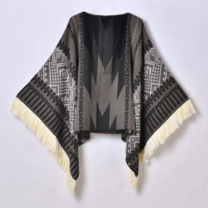 Poncho Ethnique à Franges - Style Bohème & Jacquard