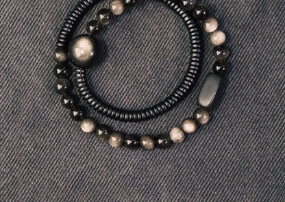 Bracelet Deux Rangs Pierres d'Obsidienne et Perles d'Ébène – Simple, Duo de Couple