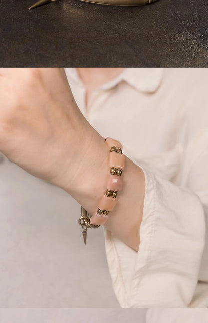 Bracelet Double Rang Quartz Rose Carré et Laiton Vintage – Cadeau pour Femme