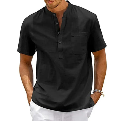 "Haruto" Chemise homme en coton et lin | Col tunisien, manches courtes, style estival
