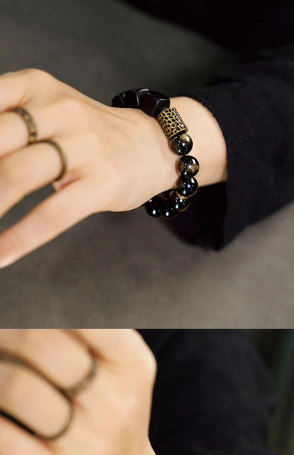 Bracelet Vintage Ébène et Obsidienne Dorée avec Accents de Laiton – Fait Main Unisexe