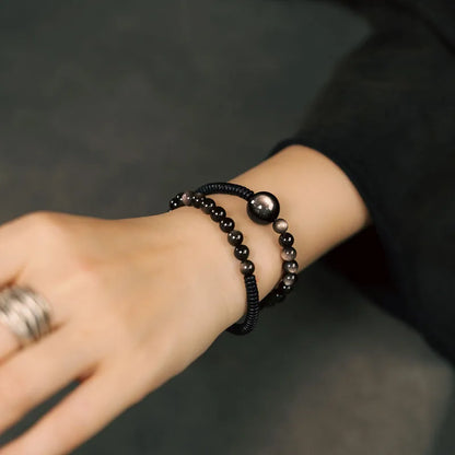 Bracelet Deux Rangs Pierres d'Obsidienne et Perles d'Ébène – Simple, Duo de Couple