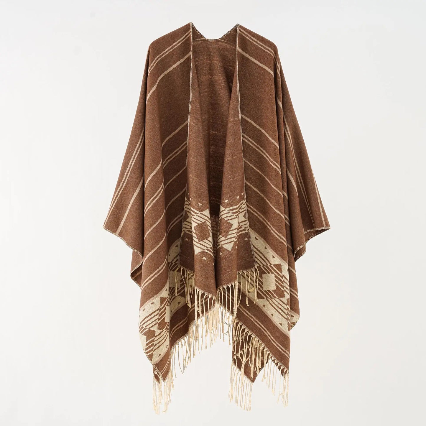 Poncho Éthnique à Franges avec Motifs Géométriques