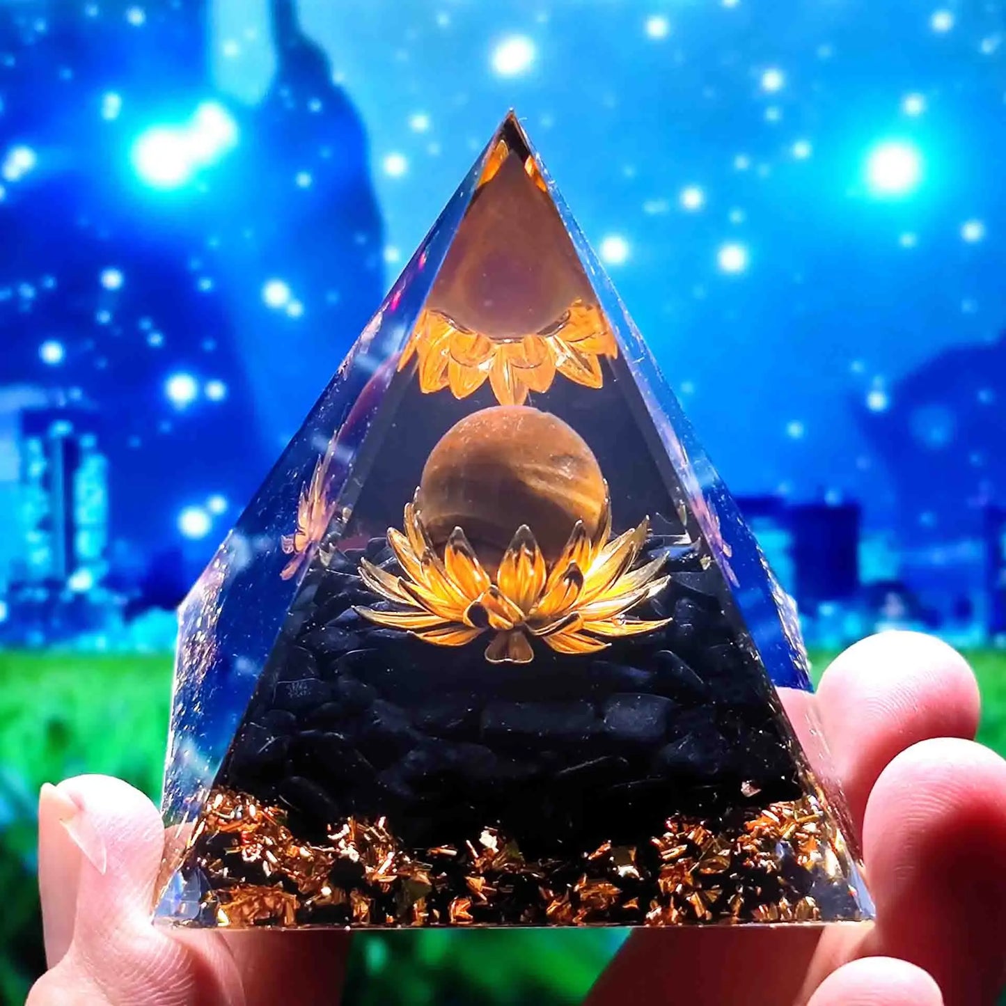 Pyramide d'Orgonite en Améthyste et Obsidienne