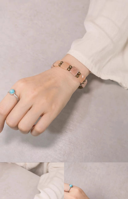 Bracelet Double Rang Quartz Rose Carré et Laiton Vintage – Cadeau pour Femme