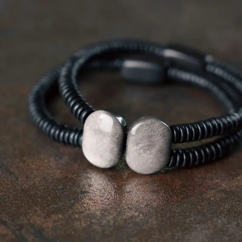 Bracelet Double Rang Obsidienne Noire et Bois d'Ébène – Tout Noir, Homme et Femme