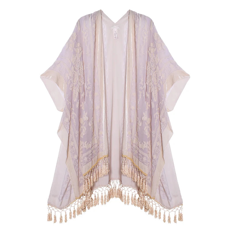 Kimono Long en Tulle Brodé - Élégance Bohème et Légèreté