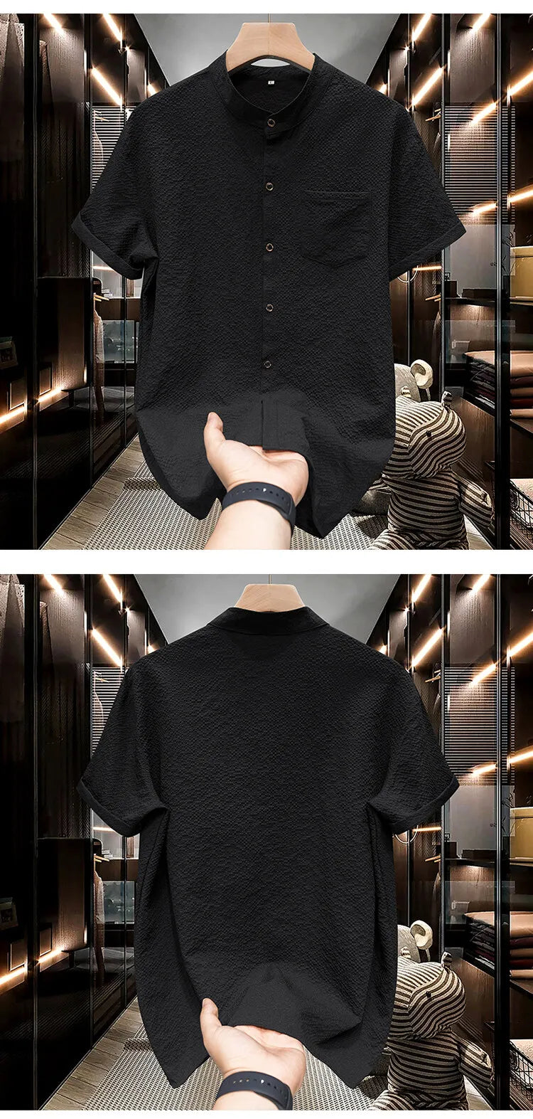 Chemise vert olive col Mao, face avant avec poche poitrine et boutons discrets.