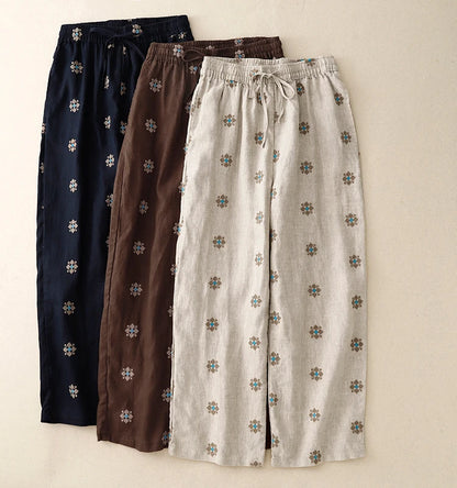"Hanami" Pantalon femme en coton et lin imprimé | Taille haute, cordon ajustable, style décontracté été