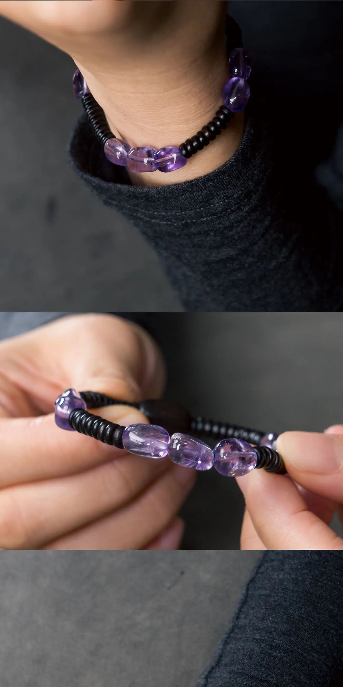 Bracelet Éclats d'Améthyste et Bois de Santal Noir – Minimaliste Fait Main