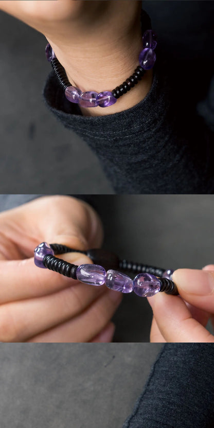 Bracelet Éclats d'Améthyste et Bois de Santal Noir – Minimaliste Fait Main
