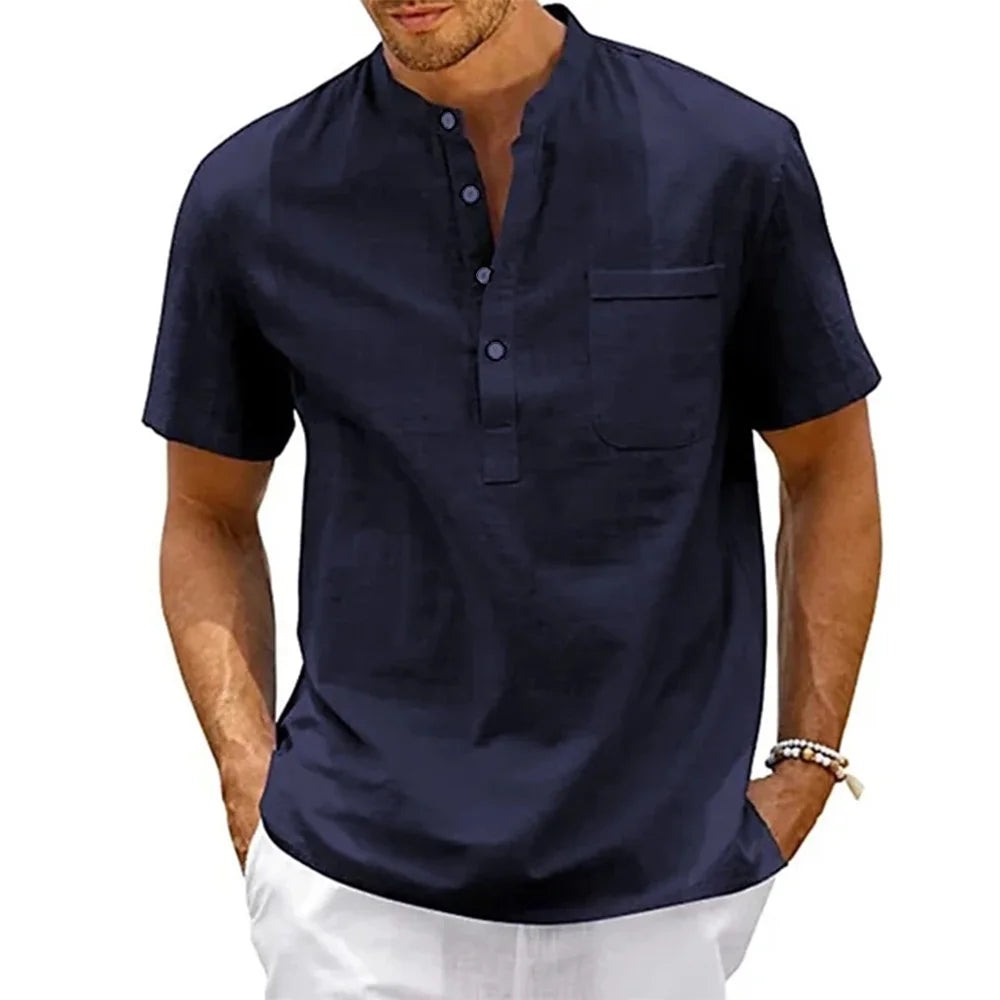 "Haruto" Chemise homme en coton et lin | Col tunisien, manches courtes, style estival