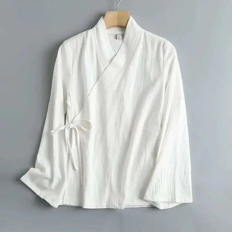 "Yuki" Chemise femme en lin style Hanfu | Blouse croisée à manches longues, inspiration vintage