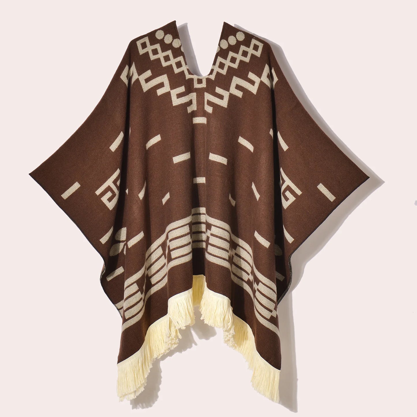 Poncho Ethnique à Franges - Style Bohème & Jacquard