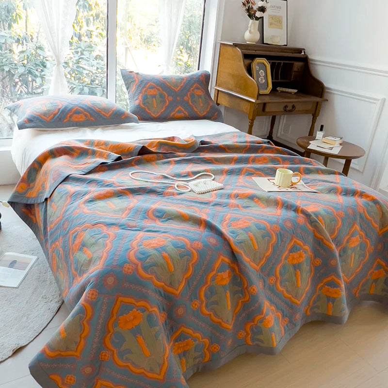 Couvre-Lit Jacquard en Coton Bleu et Orange – Motifs Vintage pour une Chambre Élégante