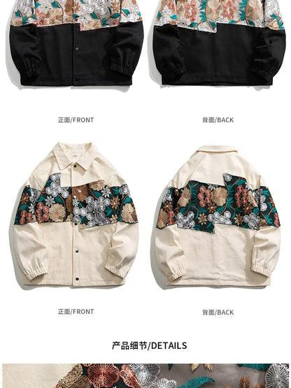 Détail du dos de la veste écrue montrant les finitions effilochées et les motifs floraux rétro.