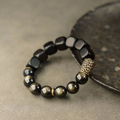 Bracelet Vintage Ébène et Obsidienne Dorée avec Accents de Laiton – Fait Main Unisexe