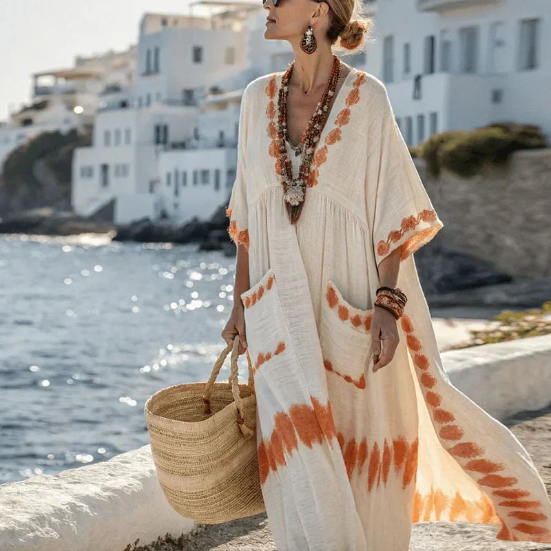 Robe Kaftan Longue Femme Coton Gaze Écru Rayures Ethniques