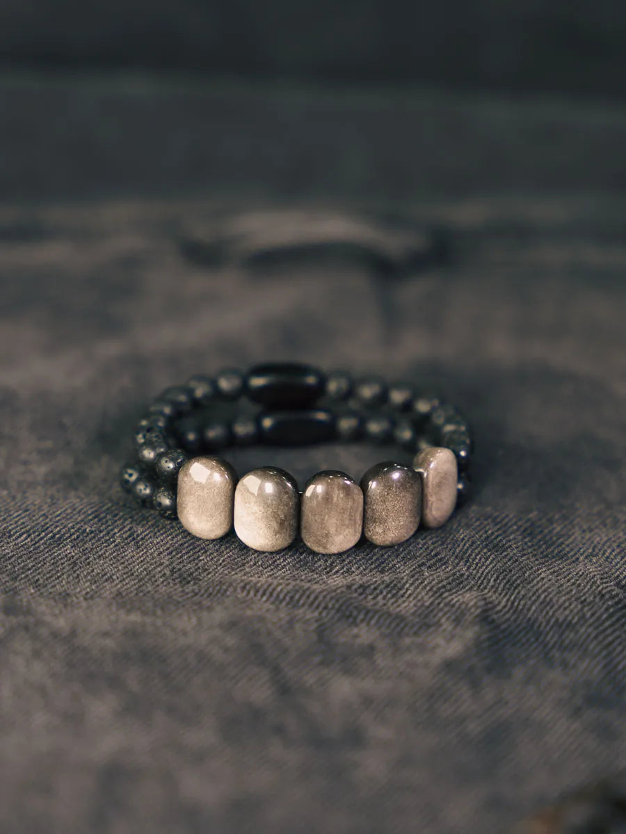 Bracelet Deux Rangs Obsidienne Plate, Pierre de Lave et Ébène – Style Punk Unisexe