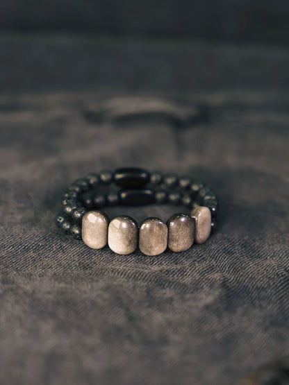 Bracelet Deux Rangs Obsidienne Plate, Pierre de Lave et Ébène – Style Punk Unisexe