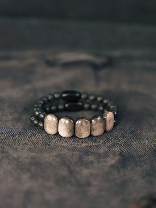 Bracelet Deux Rangs Obsidienne Plate, Pierre de Lave et Ébène – Style Punk Unisexe