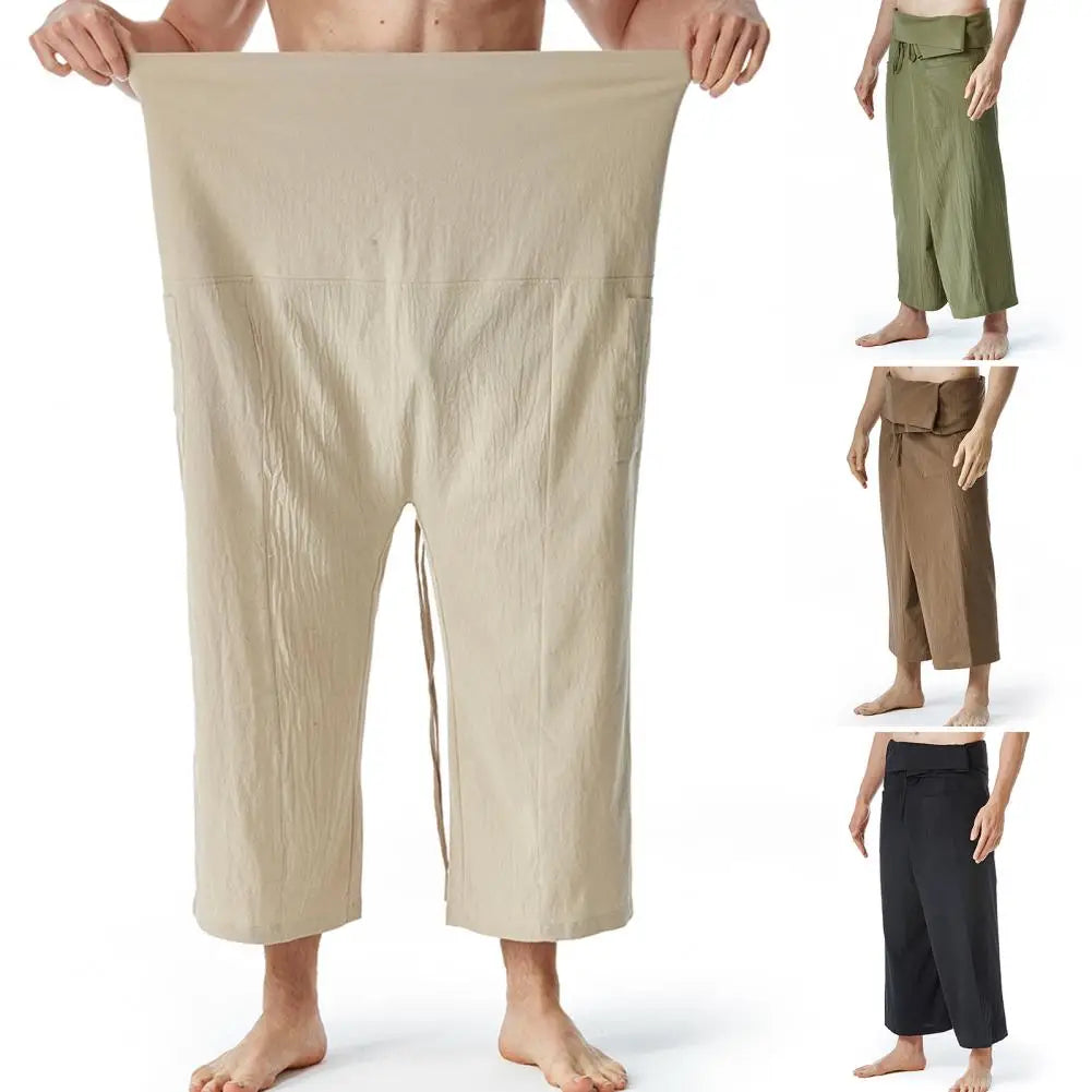 Comparaison de deux coloris de pantalons amples : beige naturel et noir profond en lin.