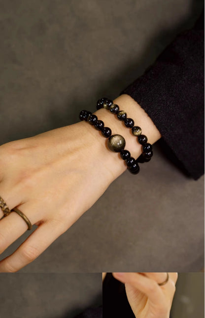 Bracelet Double Rang Obsidienne Dorée et Perles de Cuivre – Fait Main, Unisexe