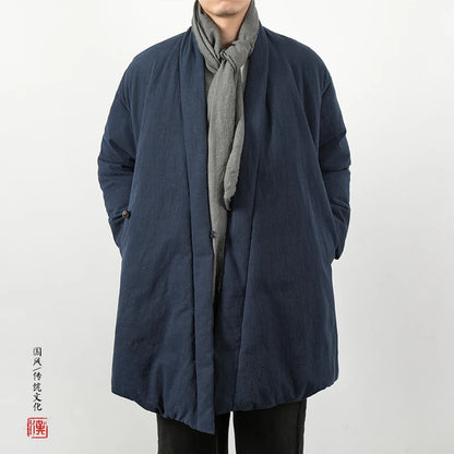 Manteau long en lin rembourré bleu marine pour homme, coupe ample sans col style zen