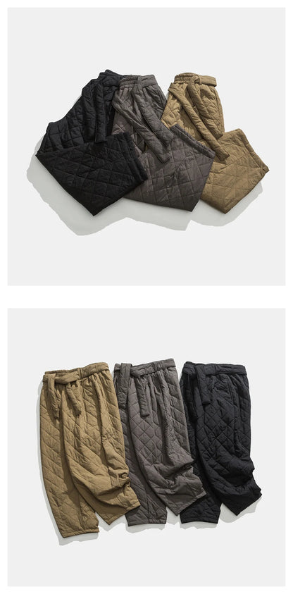 Focus sur le bas de jambe du pantalon matelassé, conçu pour retenir la chaleur.