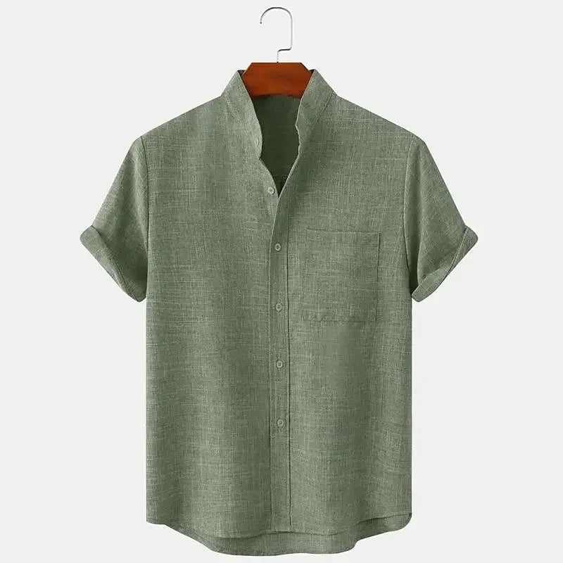 Chemise homme en lin et coton vert sauge, coupe ample et manches courtes