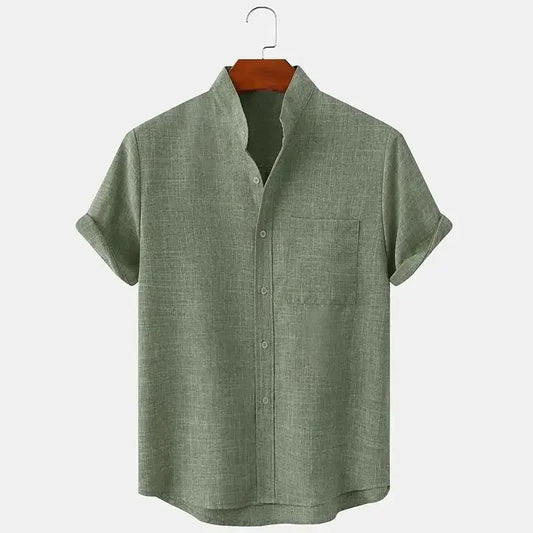 Chemise homme en lin et coton vert sauge, coupe ample et manches courtes
