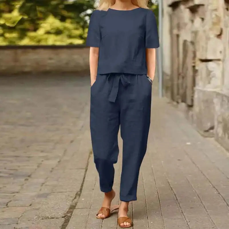 "Satori" Ensemble femme en coton et lin | Tenue deux pièces, haut manches courtes et pantalon taille haute