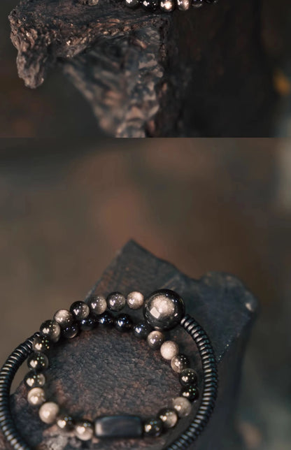 Bracelet Deux Rangs Pierres d'Obsidienne et Perles d'Ébène – Simple, Duo de Couple